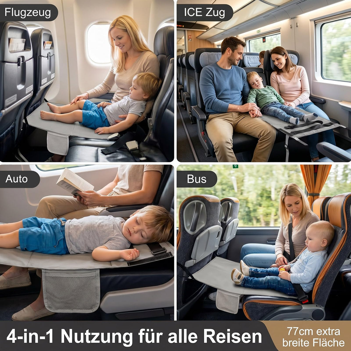 Flugzeug Bett Kinder - 77 x 44 cm Sitzverlängerung Flugzeug Kinder mit Seitentaschen, Tragbare Atmungsaktive Leichte Langlebige Flugzeugsitz Extender, Reisebett Baby für Flugzeugen, Zügen, Auto