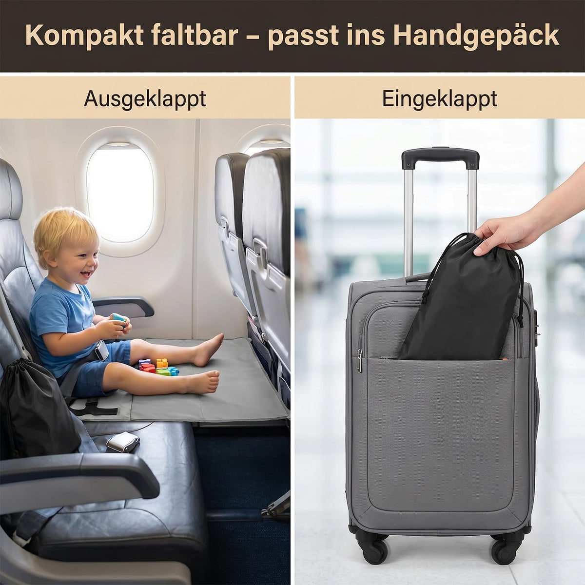 Flugzeug Bett Kinder - 77 x 44 cm Sitzverlängerung Flugzeug Kinder mit Seitentaschen, Tragbare Atmungsaktive Leichte Langlebige Flugzeugsitz Extender, Reisebett Baby für Flugzeugen, Zügen, Auto