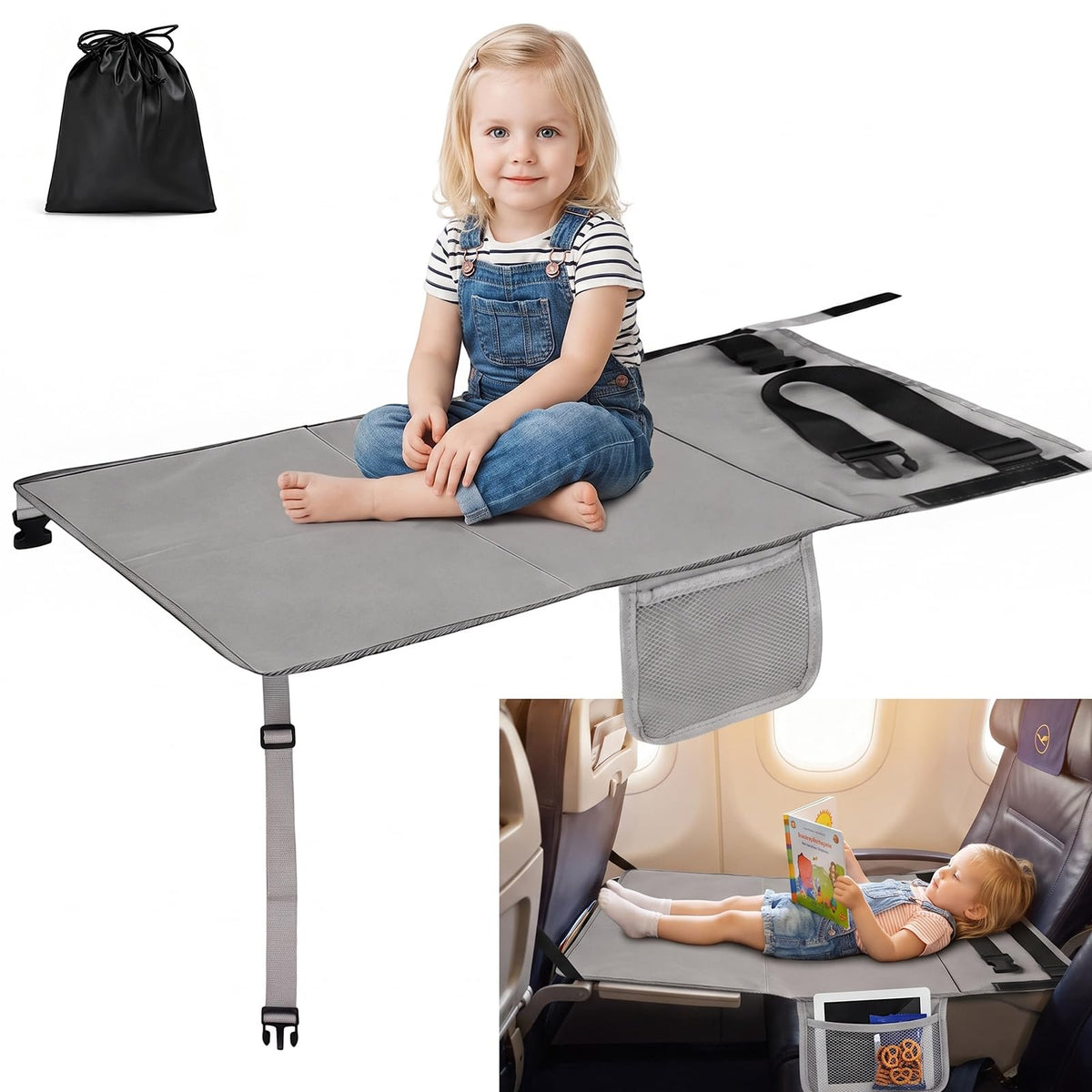 Flugzeug Bett Kinder - 77 x 44 cm Sitzverlängerung Flugzeug Kinder mit Seitentaschen, Tragbare Atmungsaktive Leichte Langlebige Flugzeugsitz Extender, Reisebett Baby für Flugzeugen, Zügen, Auto