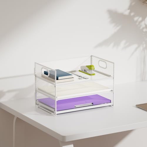 Marbrasse Schreibtisch Organizer Aktenhalter,3 Ebenen Papier Briefablage mit Handgriff,Netz Ablagefächer für Büro Bedarf Dokumentenablage(Weiß)