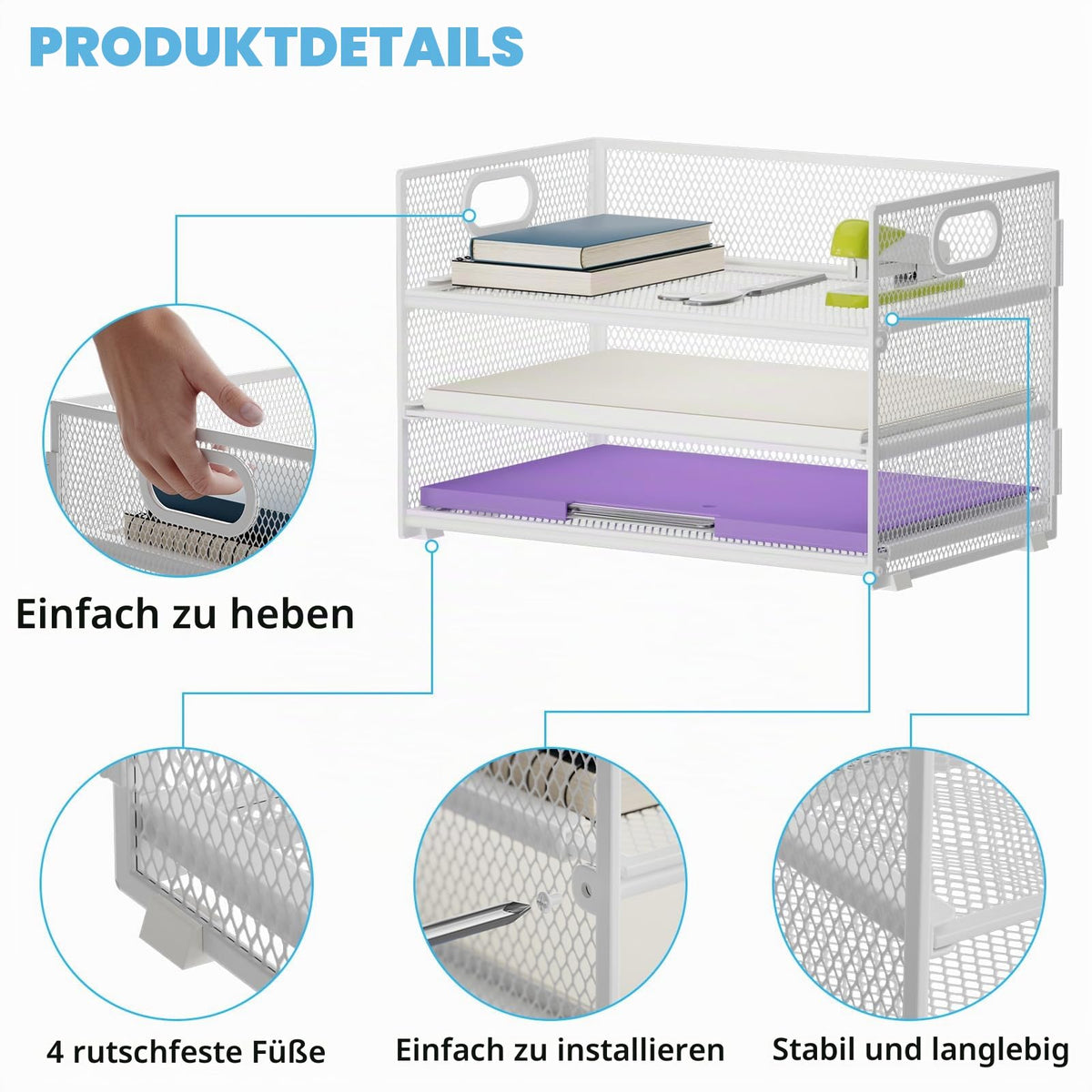 Marbrasse Schreibtisch Organizer Aktenhalter,3 Ebenen Papier Briefablage mit Handgriff,Netz Ablagefächer für Büro Bedarf Dokumentenablage(Weiß)