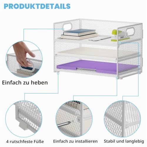 Marbrasse Schreibtisch Organizer Aktenhalter,3 Ebenen Papier Briefablage mit Handgriff,Netz Ablagefächer für Büro Bedarf Dokumentenablage(Weiß)