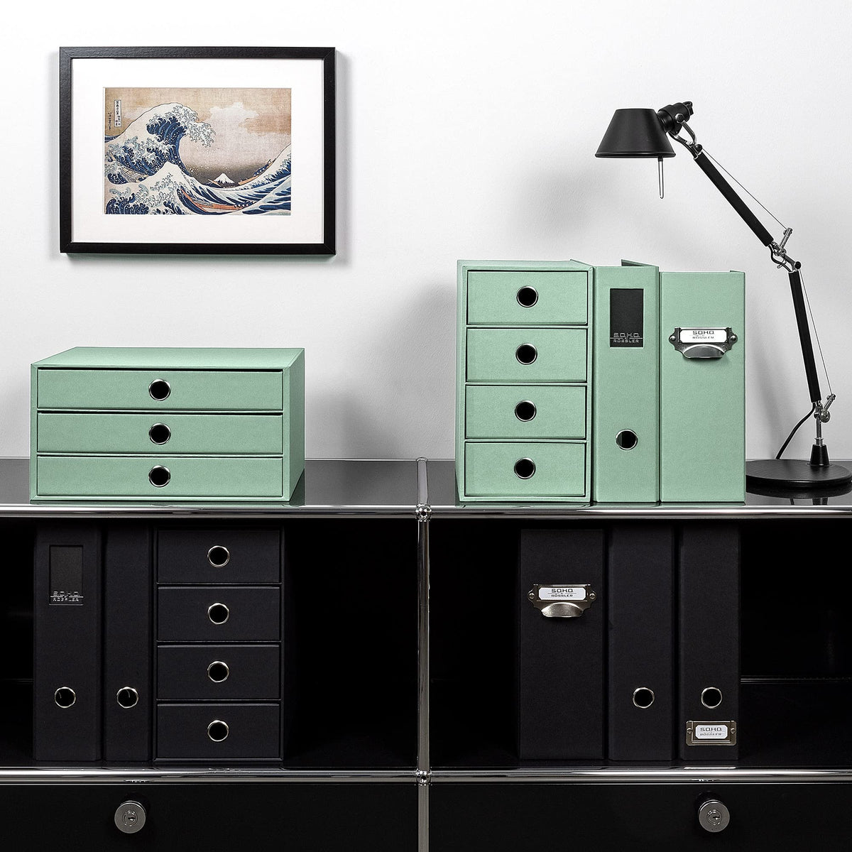 Rössler SOHO 3er Schubladenbox A4 aus Papier | Büro Organizer Schreibtisch| Schubladen Organizer Büro Zubehör & Bürobedarf | Schreibtisch Organizer Box | 34 x 25 x 19 cm | 1 Stück | Farbe: Mint