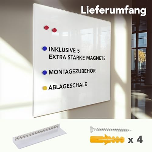 Master of Boards Premium Magnettafel aus Glas, Whiteboard Rahmenlos, Pinnwand magnetisch, Glastafel inkl. 5 Magnete, Magnetwand beschreibbar, Wandtafel, Memoboard (90 x 120 cm)