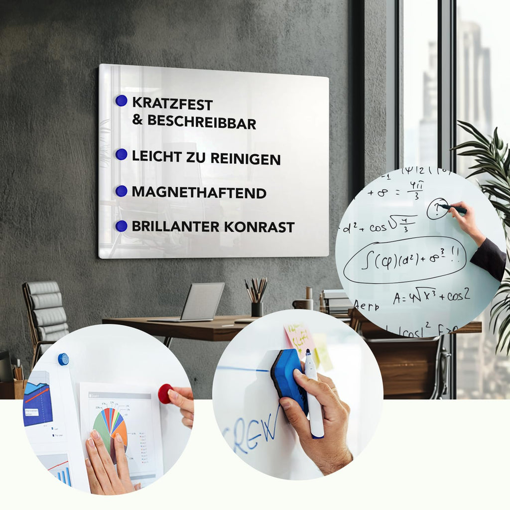 Master of Boards Premium Magnettafel aus Glas, Whiteboard Rahmenlos, Pinnwand magnetisch, Glastafel inkl. 5 Magnete, Magnetwand beschreibbar, Wandtafel, Memoboard (90 x 120 cm)