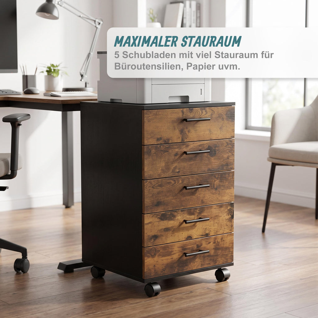 Relaxdays Rollcontainer, 5 Schubladen, schwarz/braun