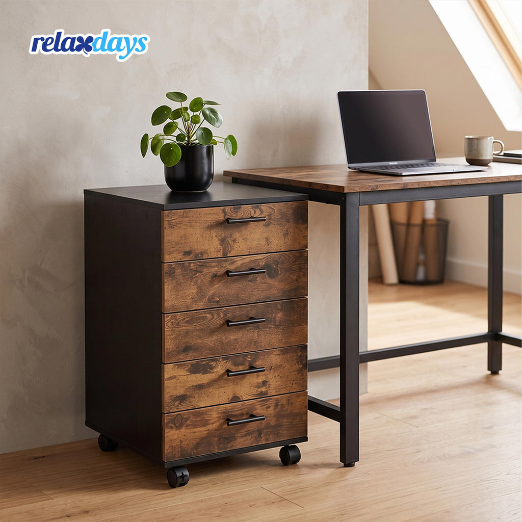 Relaxdays Rollcontainer, 5 Schubladen, schwarz/braun
