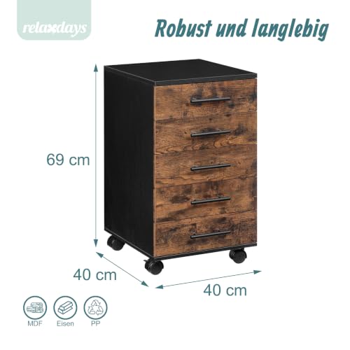 Relaxdays Rollcontainer, 5 Schubladen, schwarz/braun