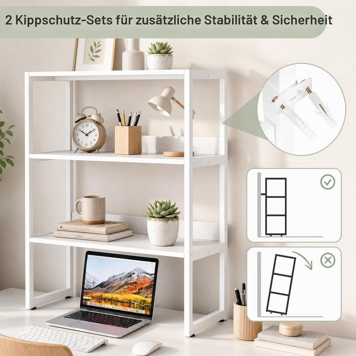 KOMFOTTEU Schreibtischregal 3-Ebenen mit Kippschutz & Fußpolstern
