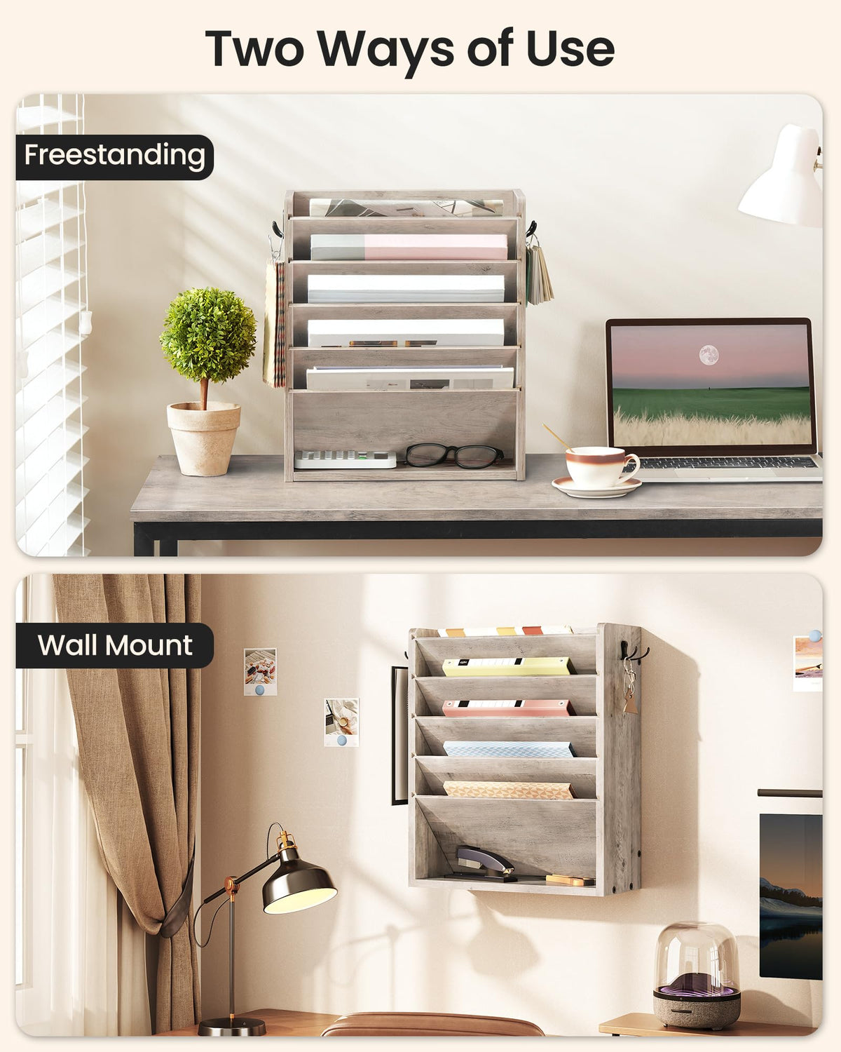 CHOEZON Zeitungshalter Wand, Wandorganizer aus Holzwerkstoff, Wandmontierter Ordner-Organisator, 6-stufiges Dokumentenregal, mit 2 Haken, für das Home Office, Greige DMWJ01FH