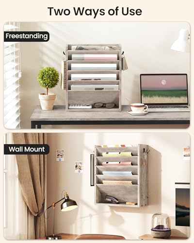 CHOEZON Zeitungshalter Wand, Wandorganizer aus Holzwerkstoff, Wandmontierter Ordner-Organisator, 6-stufiges Dokumentenregal, mit 2 Haken, für das Home Office, Greige DMWJ01FH