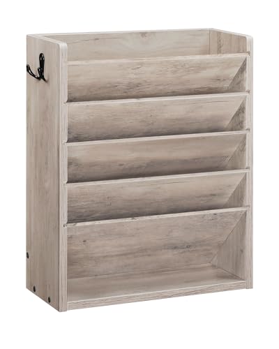 CHOEZON Zeitungshalter Wand, Wandorganizer aus Holzwerkstoff, Wandmontierter Ordner-Organisator, 6-stufiges Dokumentenregal, mit 2 Haken, für das Home Office, Greige DMWJ01FH