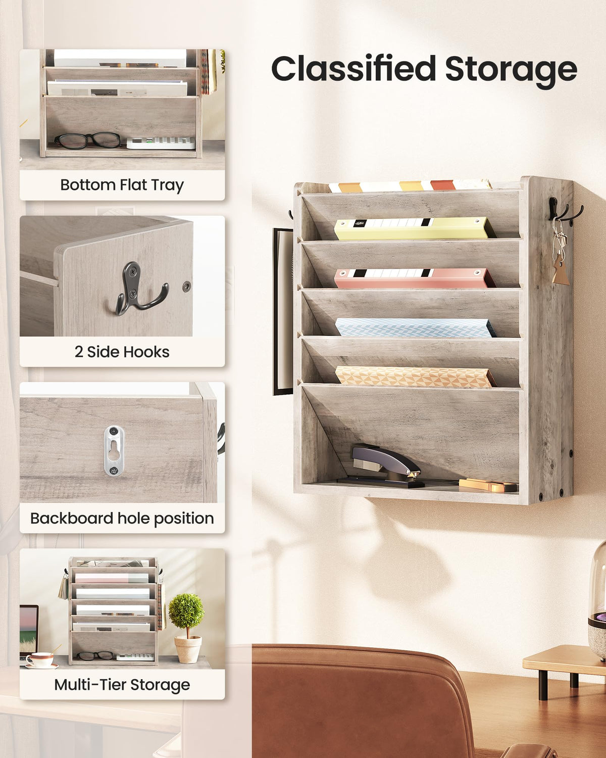 CHOEZON Zeitungshalter Wand, Wandorganizer aus Holzwerkstoff, Wandmontierter Ordner-Organisator, 6-stufiges Dokumentenregal, mit 2 Haken, für das Home Office, Greige DMWJ01FH