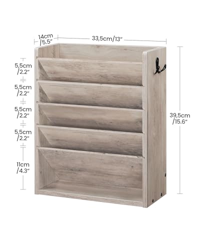 CHOEZON Zeitungshalter Wand, Wandorganizer aus Holzwerkstoff, Wandmontierter Ordner-Organisator, 6-stufiges Dokumentenregal, mit 2 Haken, für das Home Office, Greige DMWJ01FH
