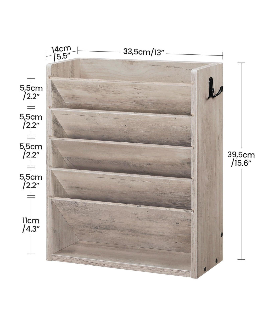 CHOEZON Zeitungshalter Wand, Wandorganizer aus Holzwerkstoff, Wandmontierter Ordner-Organisator, 6-stufiges Dokumentenregal, mit 2 Haken, für das Home Office, Greige DMWJ01FH
