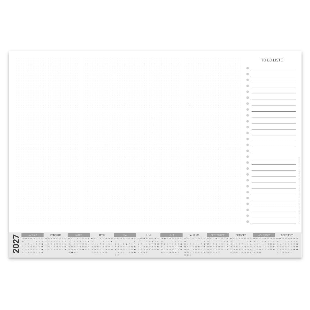 Papier-Schreibtischunterlage mit Kalender 2027 | DIN A2 mit Kantenschutz | 25 Blatt zum Abreißen mit To Do Liste | mit Schutzleiste | Schreibtischunterlage Papier A2 Kalender 2027