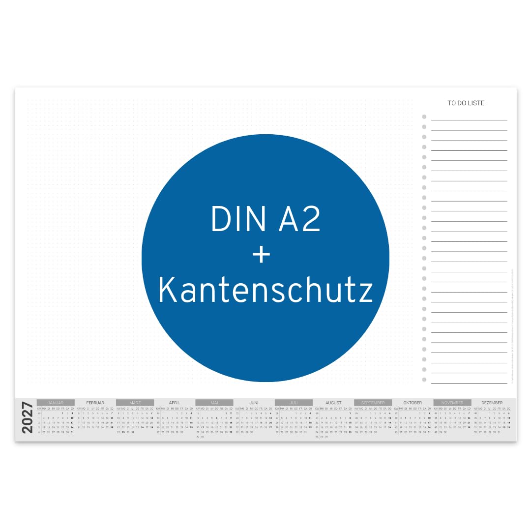 Papier-Schreibtischunterlage mit Kalender 2027 | DIN A2 mit Kantenschutz | 25 Blatt zum Abreißen mit To Do Liste | mit Schutzleiste | Schreibtischunterlage Papier A2 Kalender 2027
