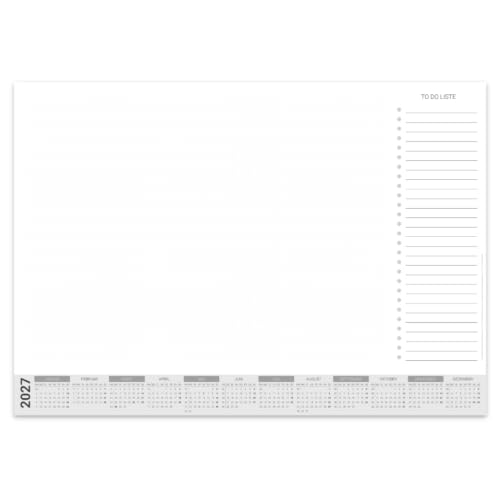 Papier-Schreibtischunterlage mit Kalender 2027 | DIN A2 mit Kantenschutz | 25 Blatt zum Abreißen mit To Do Liste | mit Schutzleiste | Schreibtischunterlage Papier A2 Kalender 2027