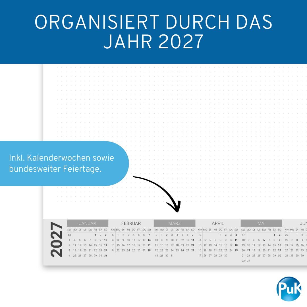 Papier-Schreibtischunterlage mit Kalender 2027 | DIN A2 mit Kantenschutz | 25 Blatt zum Abreißen mit To Do Liste | mit Schutzleiste | Schreibtischunterlage Papier A2 Kalender 2027