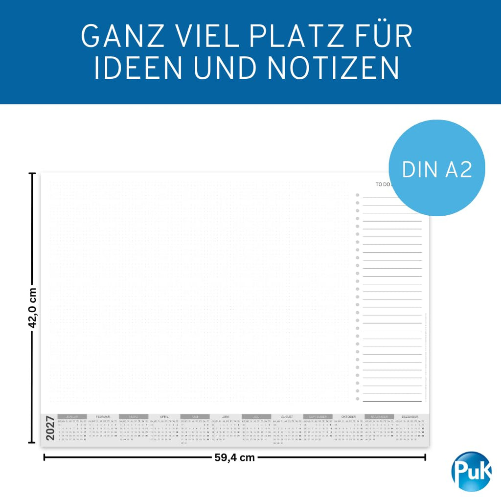 Papier-Schreibtischunterlage mit Kalender 2027 | DIN A2 mit Kantenschutz | 25 Blatt zum Abreißen mit To Do Liste | mit Schutzleiste | Schreibtischunterlage Papier A2 Kalender 2027