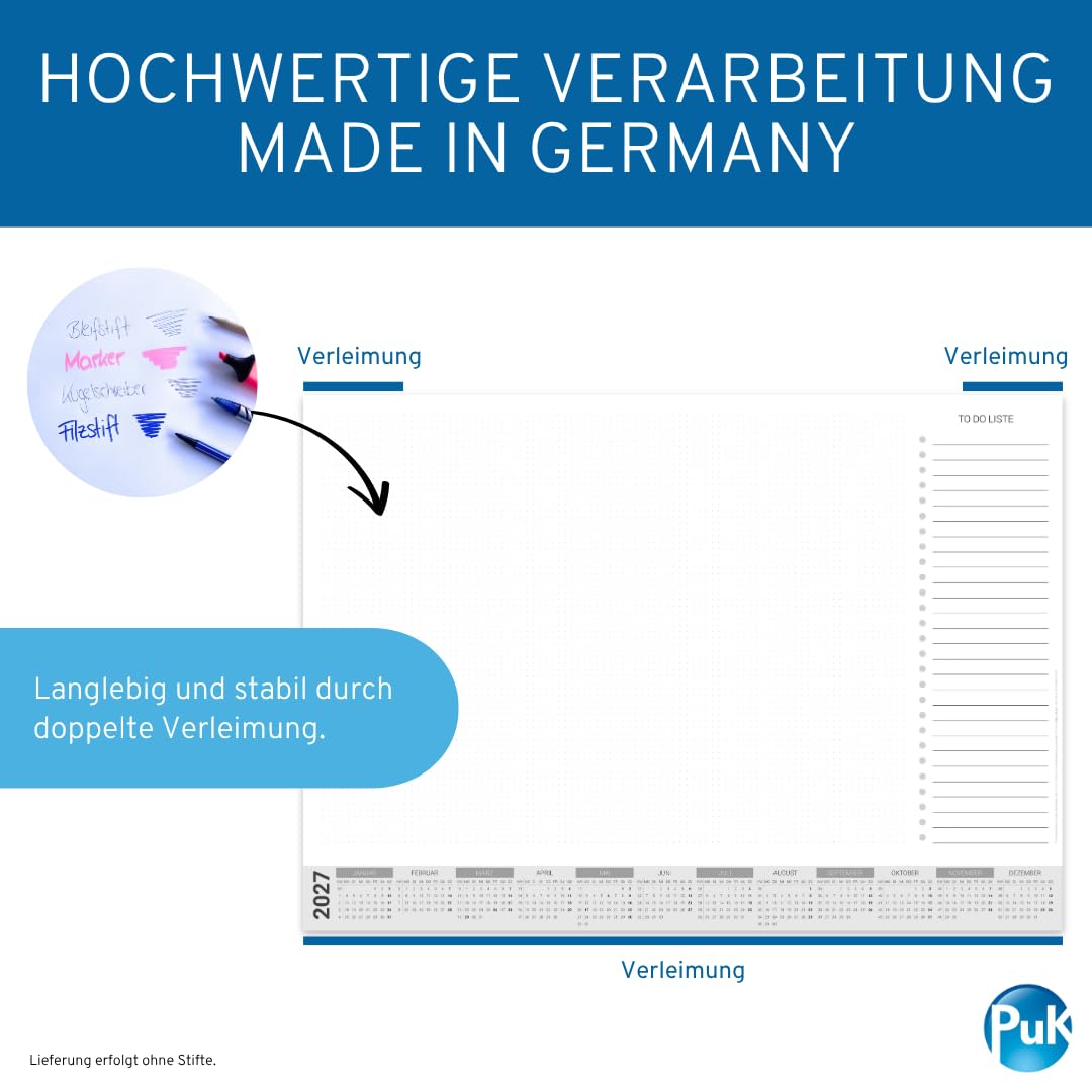 Papier-Schreibtischunterlage mit Kalender 2027 | DIN A2 mit Kantenschutz | 25 Blatt zum Abreißen mit To Do Liste | mit Schutzleiste | Schreibtischunterlage Papier A2 Kalender 2027