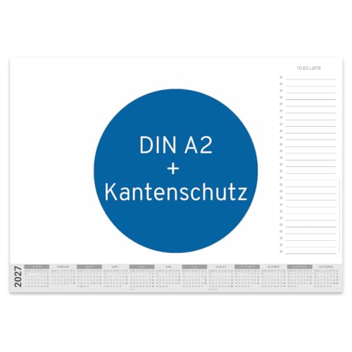 Papier-Schreibtischunterlage mit Kalender 2027 | DIN A2 mit Kantenschutz | 25 Blatt zum Abreißen mit To Do Liste | mit Schutzleiste | Schreibtischunterlage Papier A2 Kalender 2027
