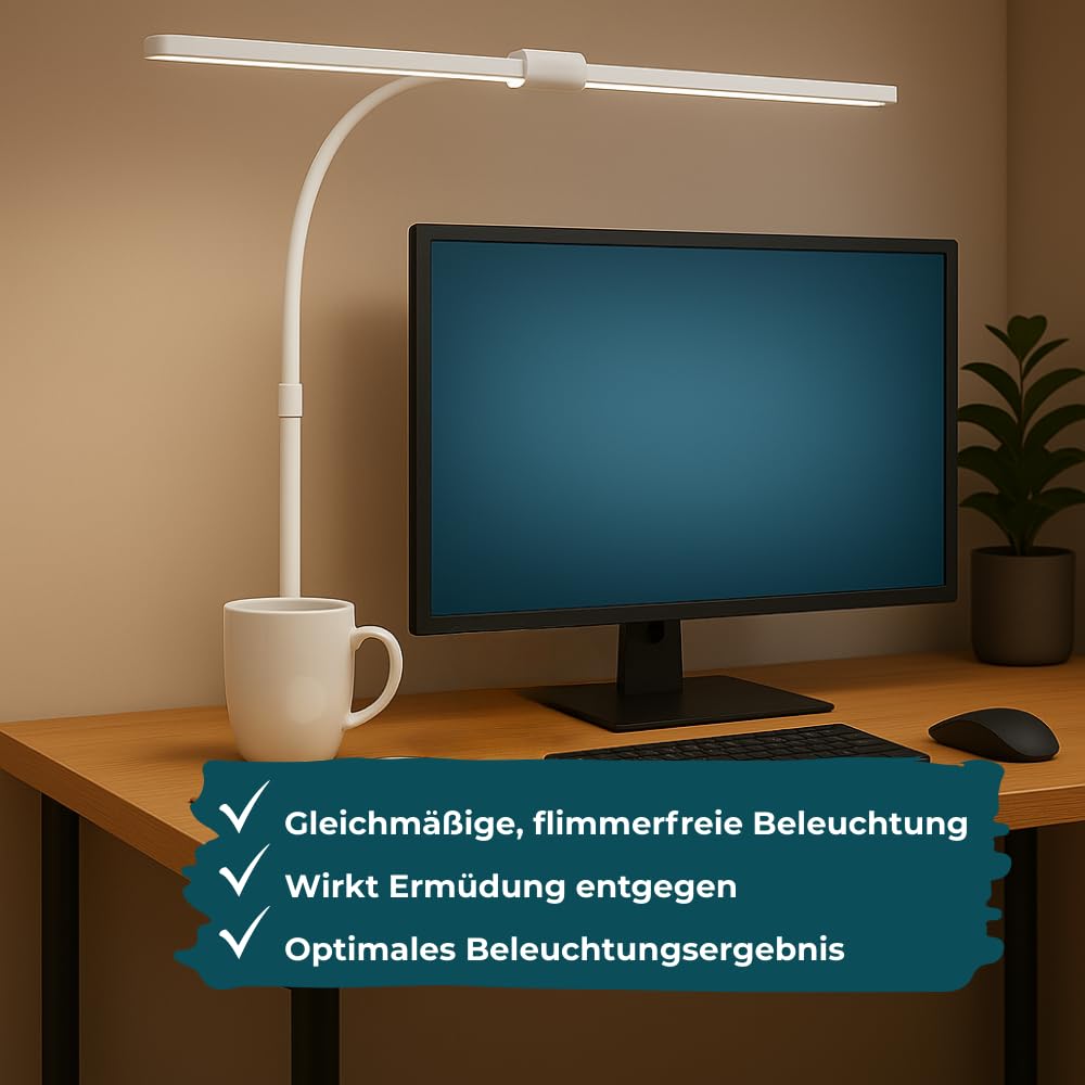 LUXULA LED Doppelkopf Schreibtischlampe, klemmbar, dimmbar, weiß