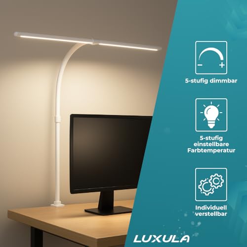 LUXULA LED Doppelkopf Schreibtischlampe, klemmbar, dimmbar, weiß