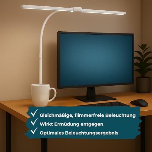 LUXULA LED Doppelkopf Schreibtischlampe, klemmbar, dimmbar, weiß