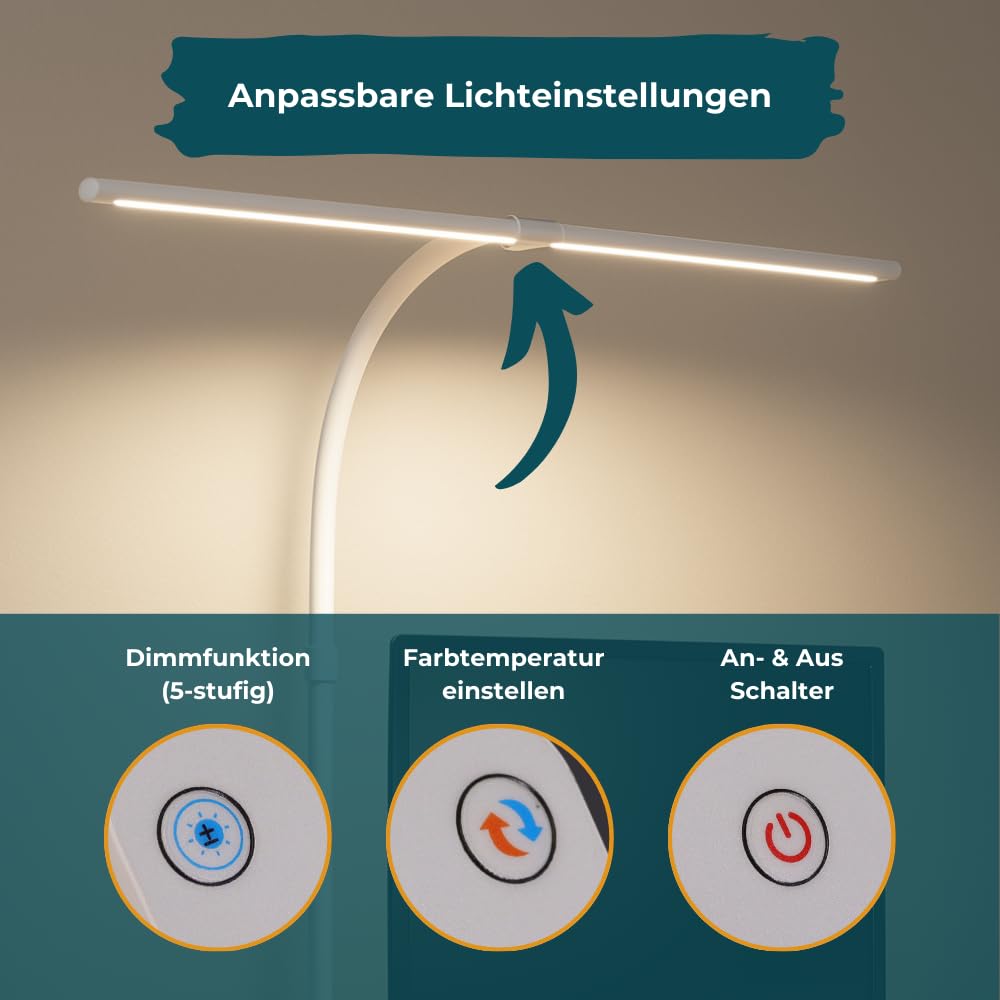 LUXULA LED Doppelkopf Schreibtischlampe, klemmbar, dimmbar, weiß