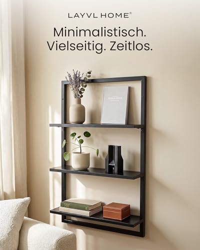 Wandregal Bambus mit schwarzen Metallrahmen, 75x50x15cm, hängendes Regal mit modernem Design, Metall Holz Wand Schweberegal, Regalwand Möbel für Wohnzimmer Küche und Bad (Schwarz)