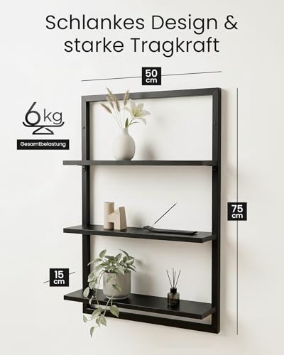 Wandregal Bambus mit schwarzen Metallrahmen, 75x50x15cm, hängendes Regal mit modernem Design, Metall Holz Wand Schweberegal, Regalwand Möbel für Wohnzimmer Küche und Bad (Schwarz)
