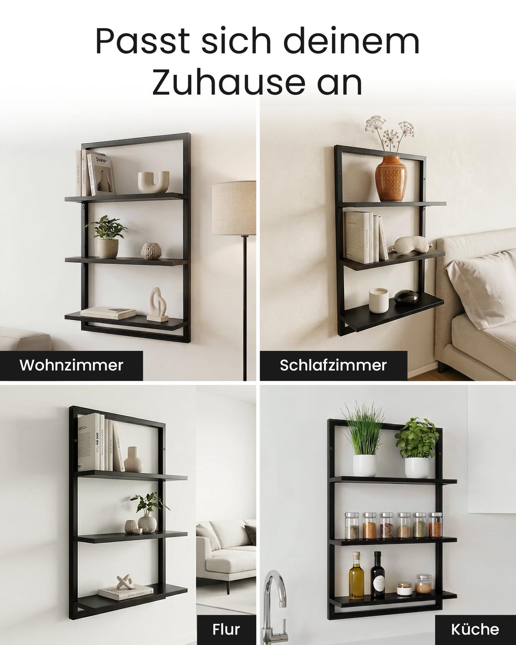 Wandregal Bambus mit schwarzen Metallrahmen, 75x50x15cm, hängendes Regal mit modernem Design, Metall Holz Wand Schweberegal, Regalwand Möbel für Wohnzimmer Küche und Bad (Schwarz)