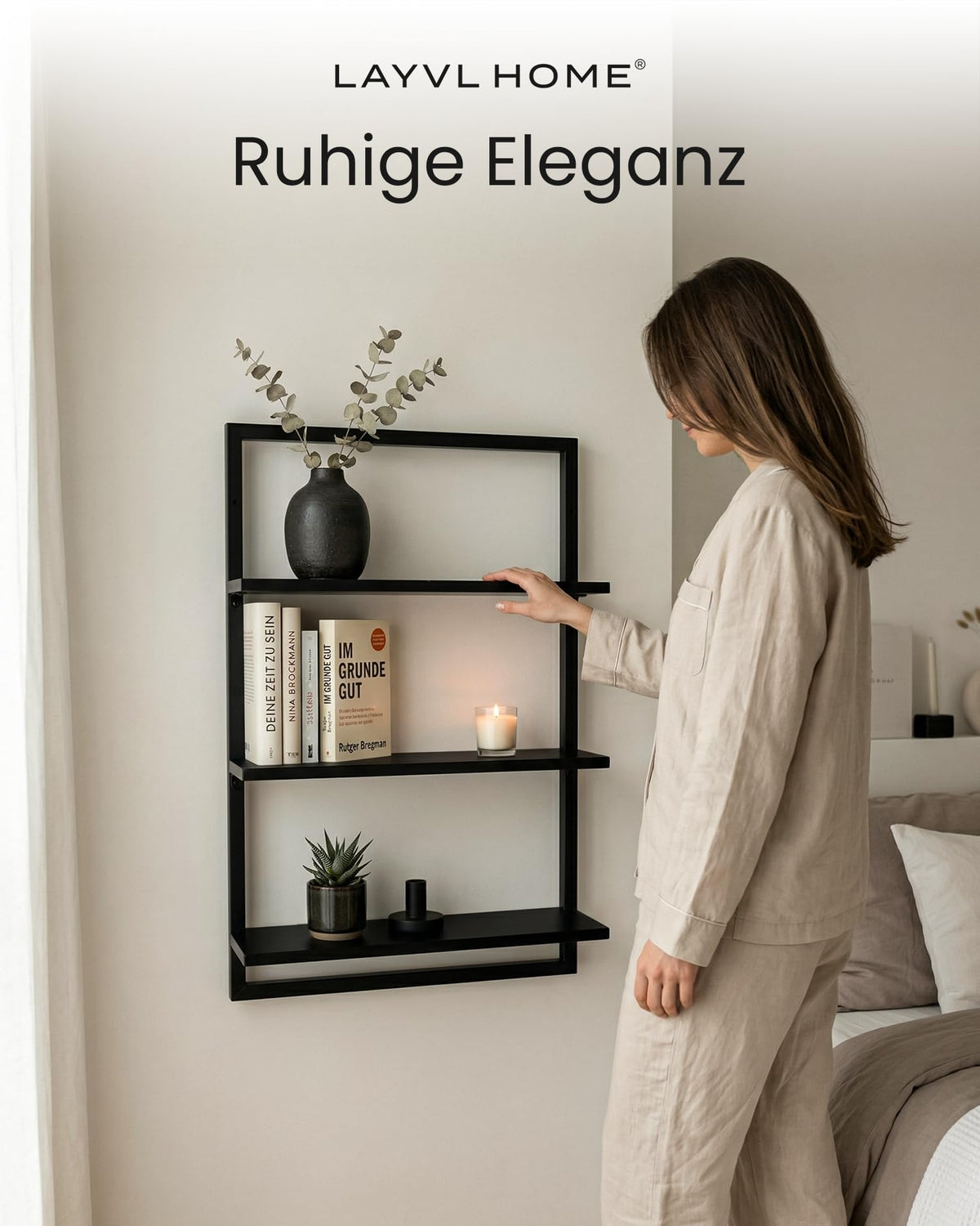 Wandregal Bambus mit schwarzen Metallrahmen, 75x50x15cm, hängendes Regal mit modernem Design, Metall Holz Wand Schweberegal, Regalwand Möbel für Wohnzimmer Küche und Bad (Schwarz)