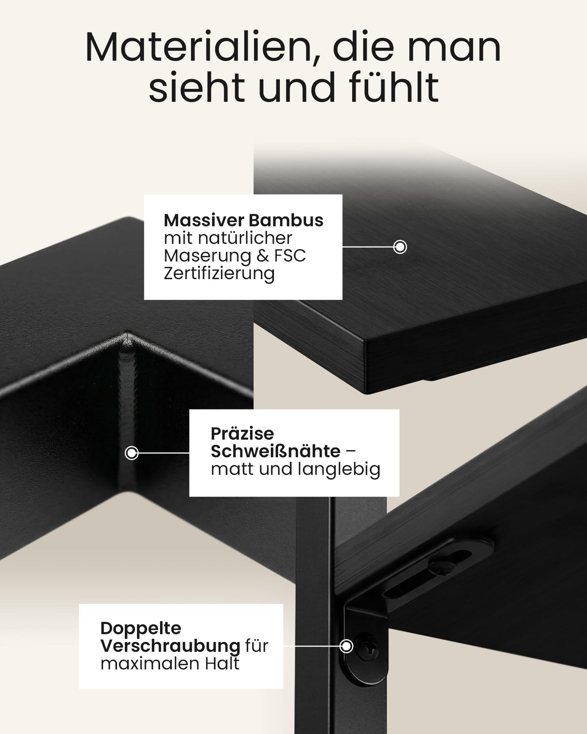 Wandregal Bambus mit schwarzen Metallrahmen, 75x50x15cm, hängendes Regal mit modernem Design, Metall Holz Wand Schweberegal, Regalwand Möbel für Wohnzimmer Küche und Bad (Schwarz)