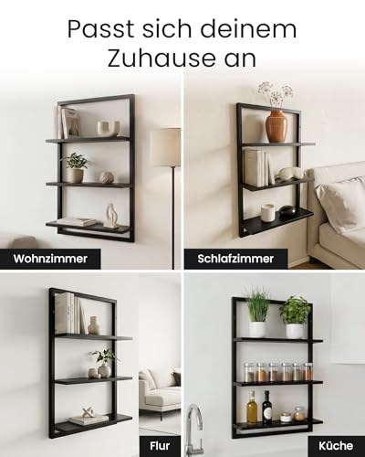 Wandregal Bambus mit schwarzen Metallrahmen, 75x50x15cm, hängendes Regal mit modernem Design, Metall Holz Wand Schweberegal, Regalwand Möbel für Wohnzimmer Küche und Bad (Schwarz)