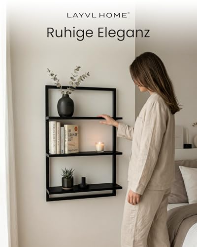 Wandregal Bambus mit schwarzen Metallrahmen, 75x50x15cm, hängendes Regal mit modernem Design, Metall Holz Wand Schweberegal, Regalwand Möbel für Wohnzimmer Küche und Bad (Schwarz)