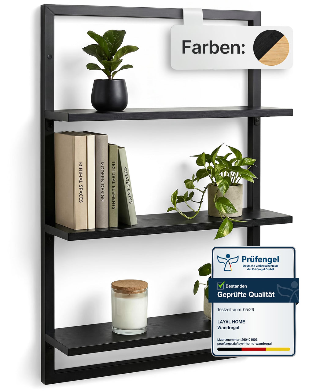 Wandregal Bambus mit schwarzen Metallrahmen, 75x50x15cm, hängendes Regal mit modernem Design, Metall Holz Wand Schweberegal, Regalwand Möbel für Wohnzimmer Küche und Bad (Schwarz)