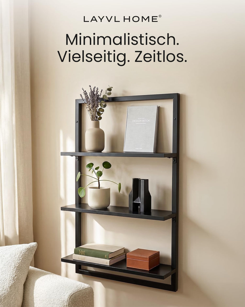 Wandregal Bambus mit schwarzen Metallrahmen, 75x50x15cm, hängendes Regal mit modernem Design, Metall Holz Wand Schweberegal, Regalwand Möbel für Wohnzimmer Küche und Bad (Schwarz)
