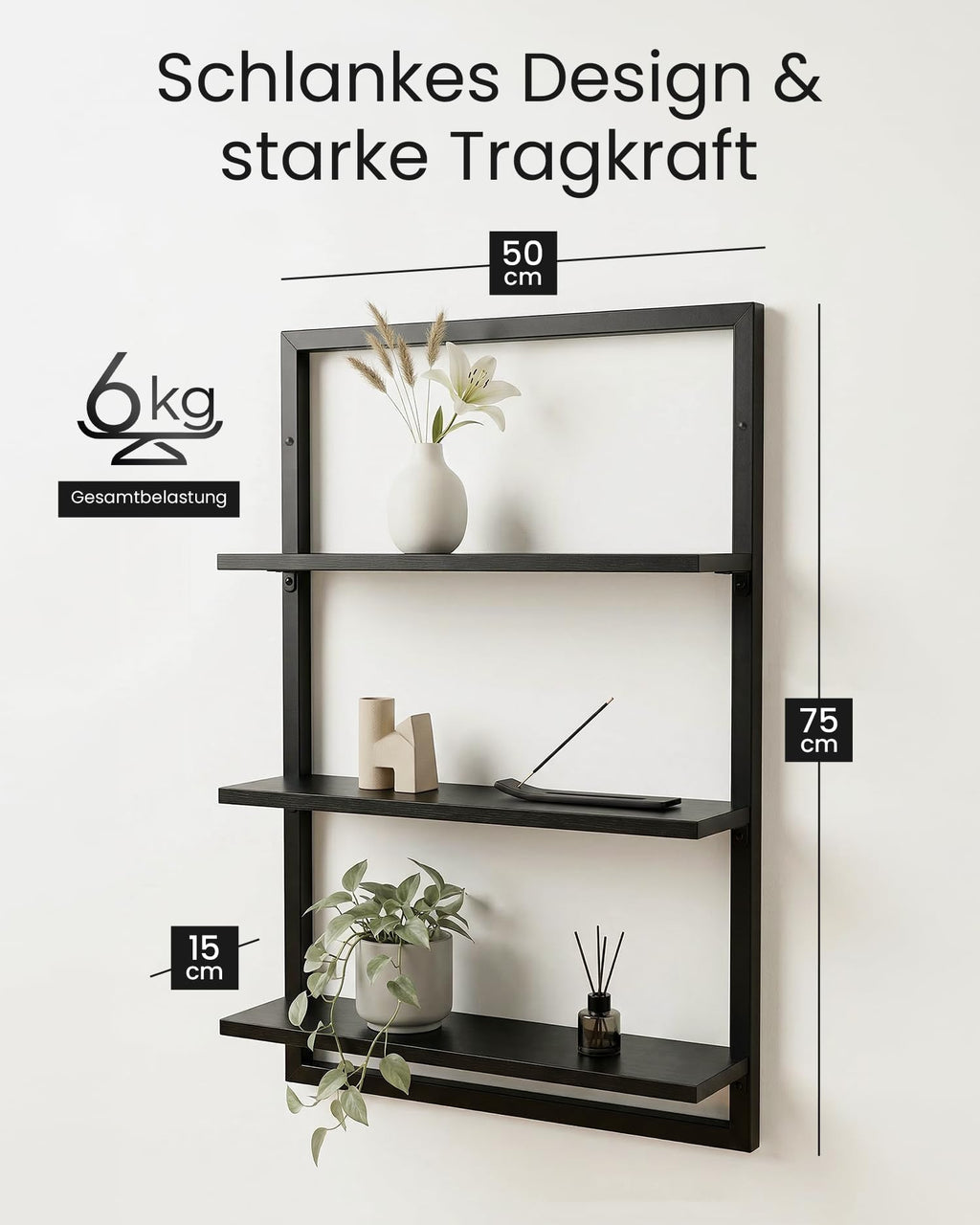Wandregal Bambus mit schwarzen Metallrahmen, 75x50x15cm, hängendes Regal mit modernem Design, Metall Holz Wand Schweberegal, Regalwand Möbel für Wohnzimmer Küche und Bad (Schwarz)