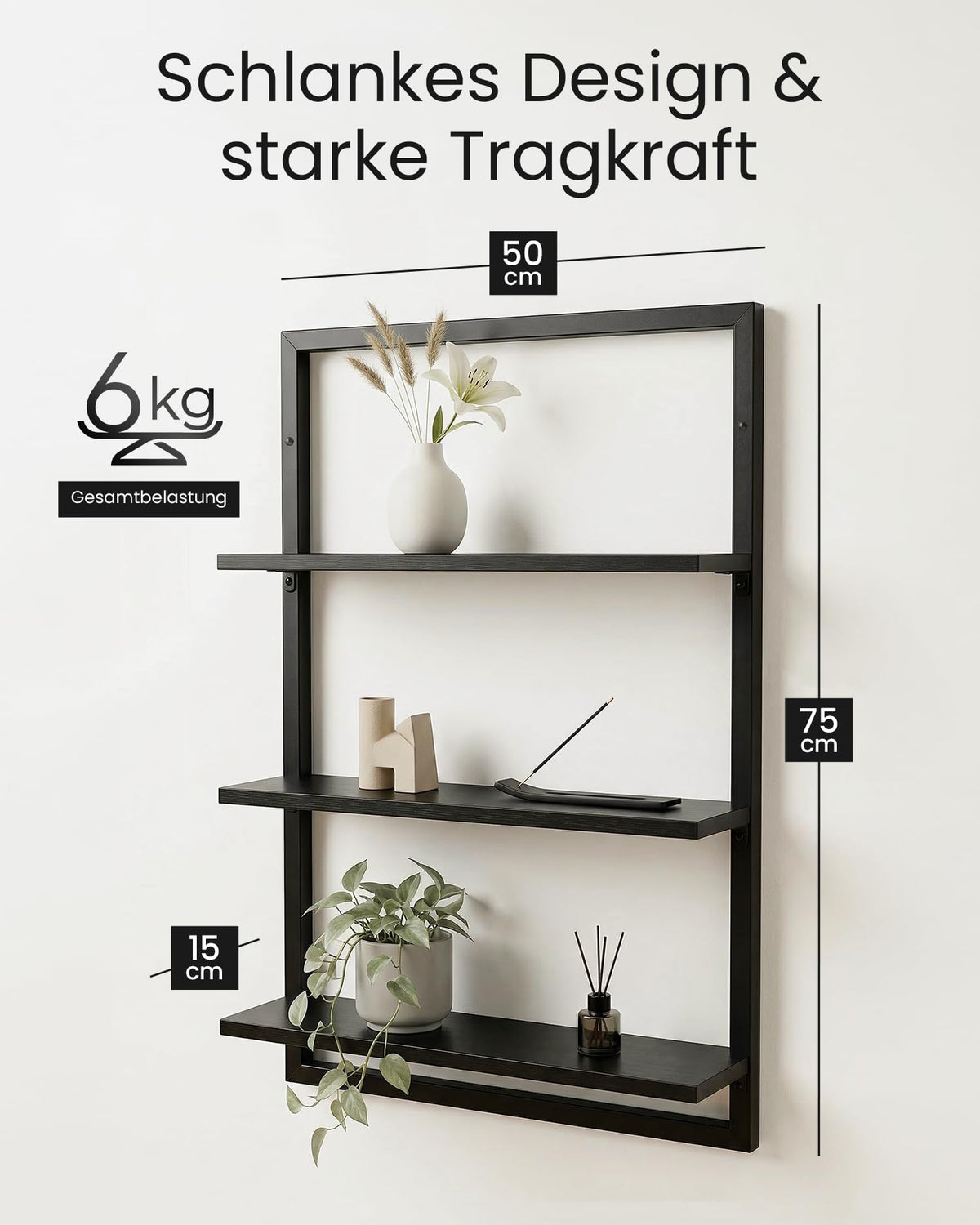 Wandregal Bambus mit schwarzen Metallrahmen, 75x50x15cm, hängendes Regal mit modernem Design, Metall Holz Wand Schweberegal, Regalwand Möbel für Wohnzimmer Küche und Bad (Schwarz)