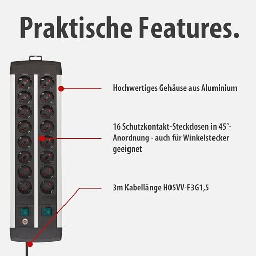 Brennenstuhl Premium-Alu-Line Steckdosenleiste 16-Fach, 3m
