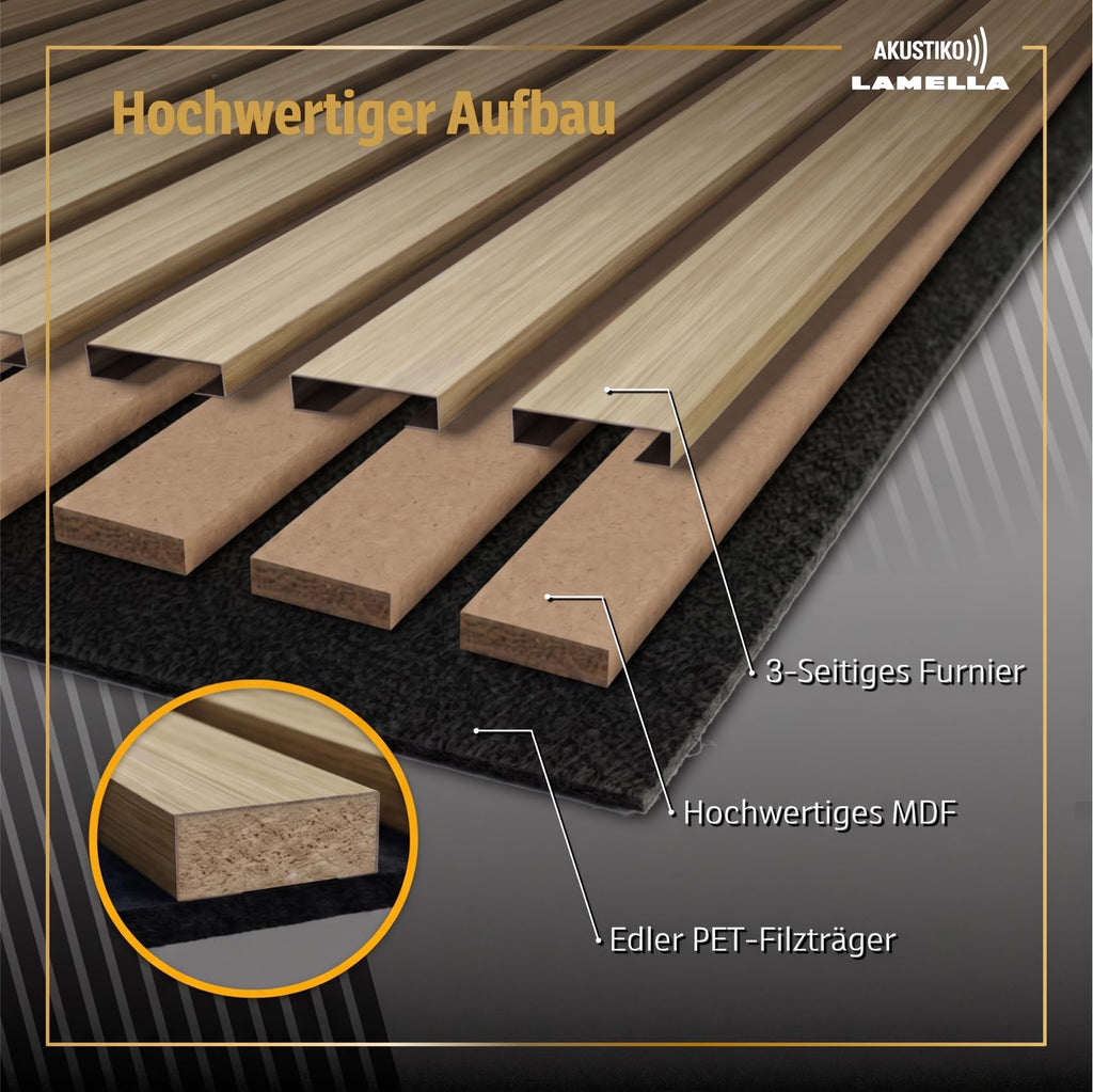 AKUSTIKO Lamella Akustikpaneele 4 Stück 140x60cm - flexible Filz MDF Wandpaneele fugenlos - überlappende Holz Lamellenwand, Innendekor modern - Akustik Wandverkleidung (3.36m² Light Oak)