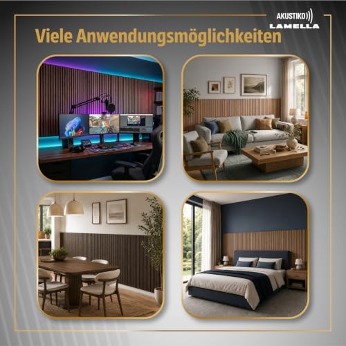 AKUSTIKO Lamella Akustikpaneele 4 Stück 140x60cm - flexible Filz MDF Wandpaneele fugenlos - überlappende Holz Lamellenwand, Innendekor modern - Akustik Wandverkleidung (3.36m² Light Oak)