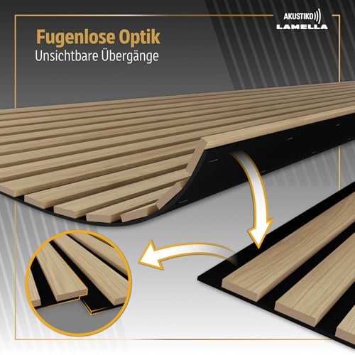 AKUSTIKO Lamella Akustikpaneele 4 Stück 140x60cm - flexible Filz MDF Wandpaneele fugenlos - überlappende Holz Lamellenwand, Innendekor modern - Akustik Wandverkleidung (3.36m² Light Oak)