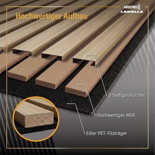 AKUSTIKO Lamella Akustikpaneele 4 Stück 140x60cm - flexible Filz MDF Wandpaneele fugenlos - überlappende Holz Lamellenwand, Innendekor modern - Akustik Wandverkleidung (3.36m² Light Oak)