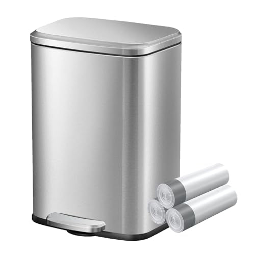 KSSKSS Kleiner Mülleimer Bad, 6 Liter Kosmetikeimer, Abfalleimer mit Deckel und Pedal, Tretmülleimer mit Absenkautomatik (Soft Close), Edelstahl, Badmülleimer mit Inneneimer, Rechteckig, Silber