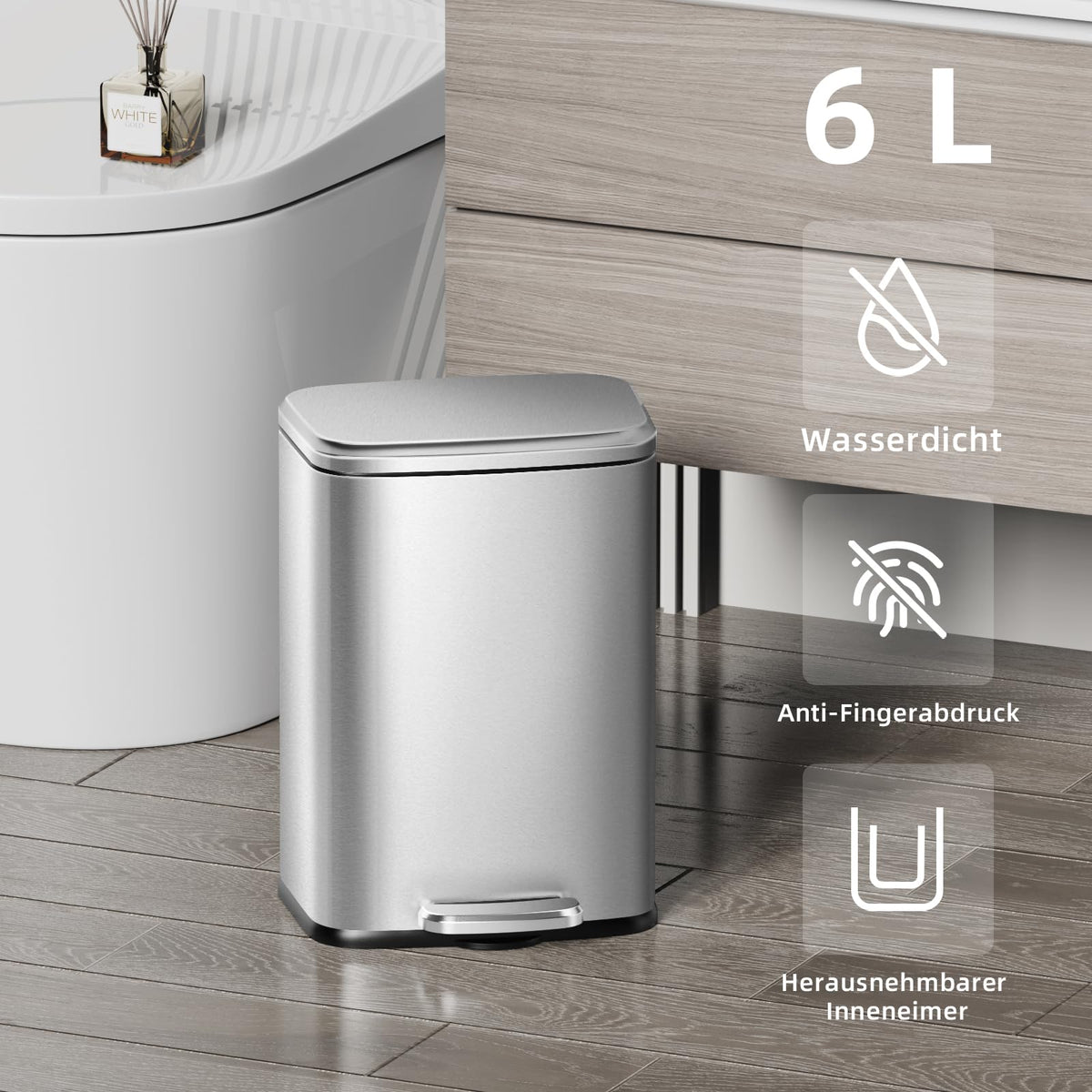KSSKSS Kleiner Mülleimer Bad, 6 Liter Kosmetikeimer, Abfalleimer mit Deckel und Pedal, Tretmülleimer mit Absenkautomatik (Soft Close), Edelstahl, Badmülleimer mit Inneneimer, Rechteckig, Silber