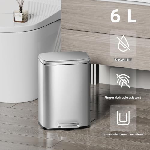 KSSKSS Kleiner Mülleimer Bad, 6 Liter Kosmetikeimer, Abfalleimer mit Deckel und Pedal, Tretmülleimer mit Absenkautomatik (Soft Close), Edelstahl, Badmülleimer mit Inneneimer, Rechteckig, Silber