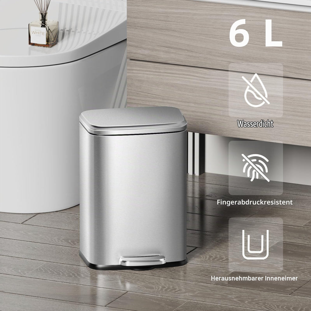 KSSKSS Kleiner Mülleimer Bad, 6 Liter Kosmetikeimer, Abfalleimer mit Deckel und Pedal, Tretmülleimer mit Absenkautomatik (Soft Close), Edelstahl, Badmülleimer mit Inneneimer, Rechteckig, Silber